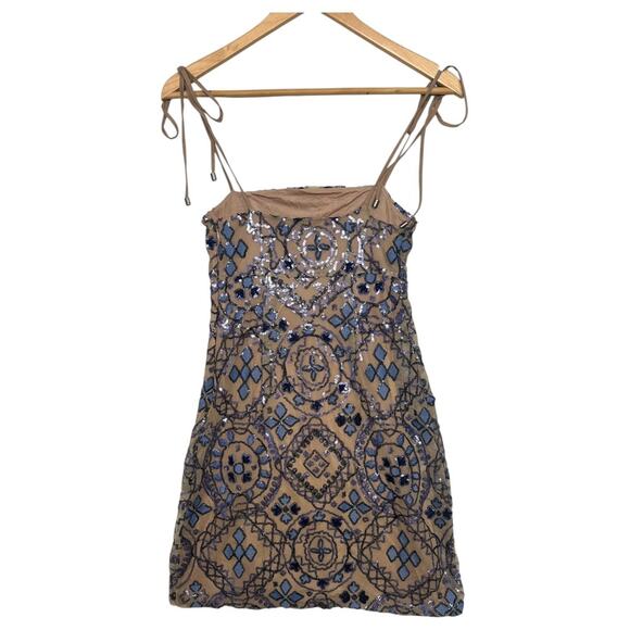 Free People Dress Womens 2 Blue Tan Sequin Mini Boho Festival Party Mesh HOCO - Picture 2 of 12